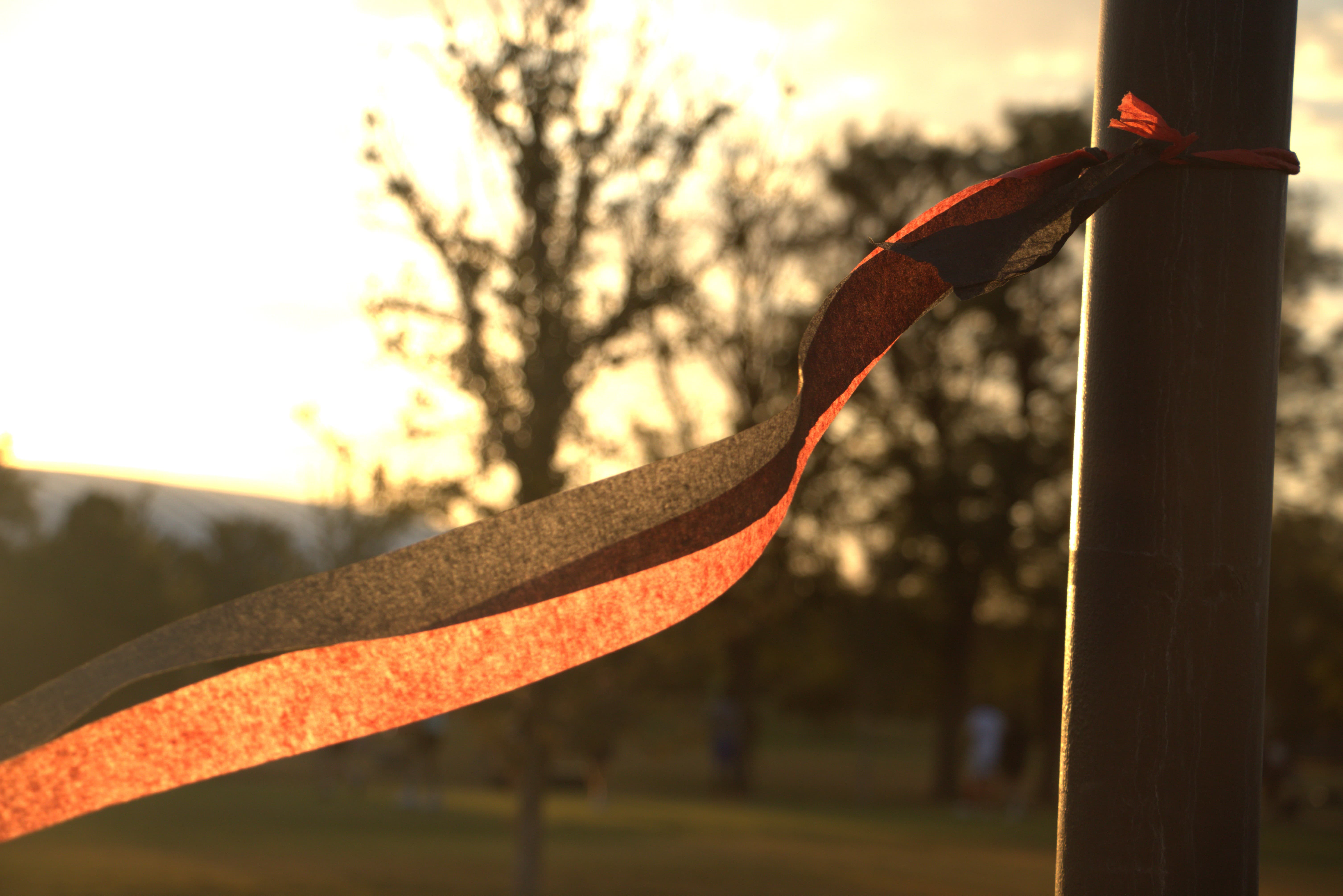 A red and black flag blowing in the wind against a sunset sky